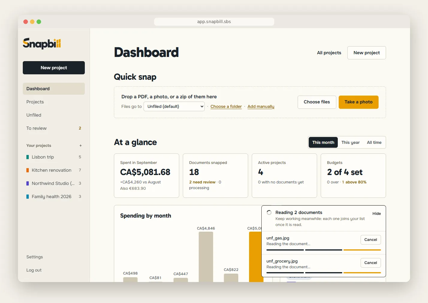 The Snapbill dashboard with Quick snap, and a panel reading two uploaded receipts while the rest of the page stays usable.