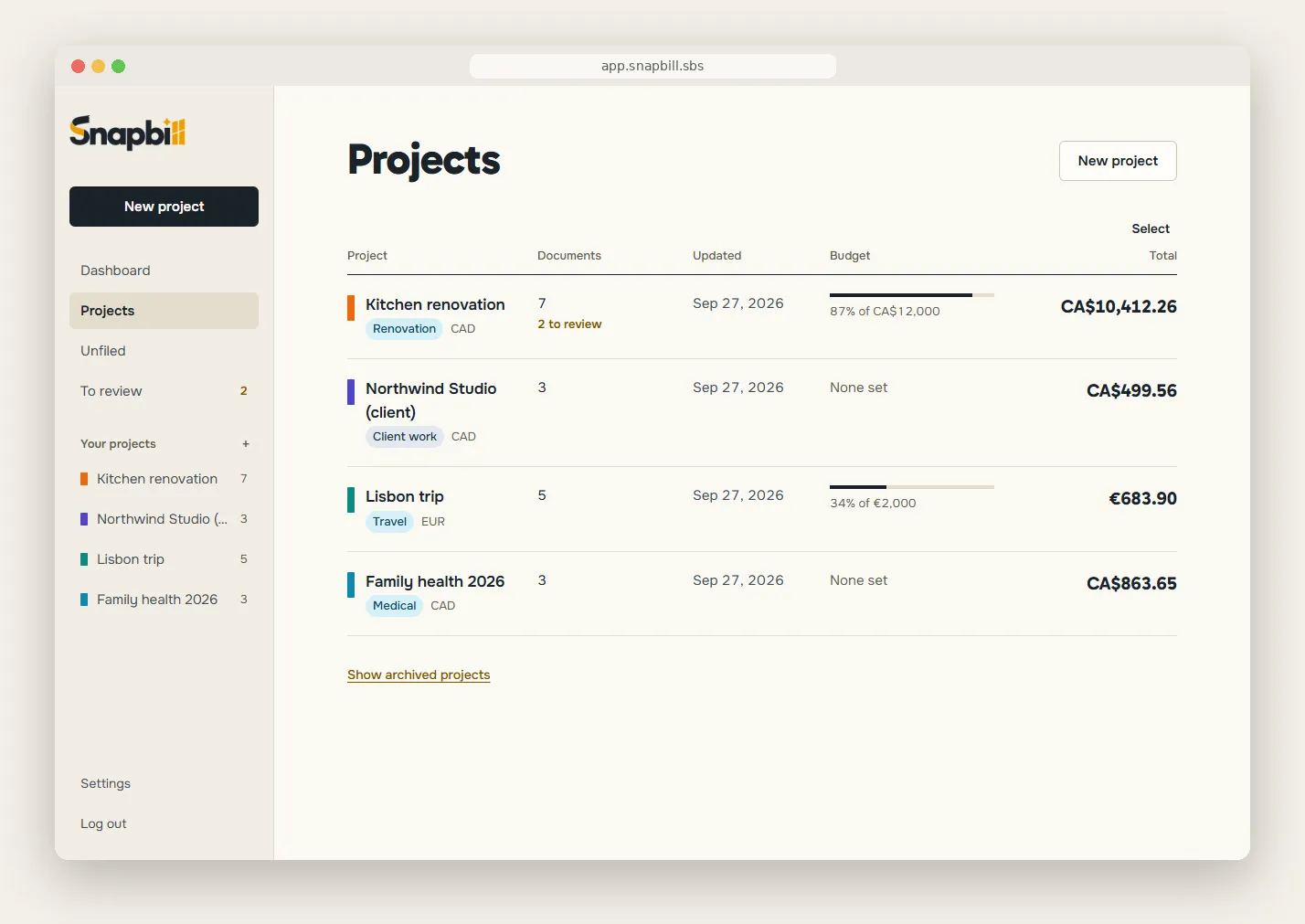 The Projects list: a kitchen renovation, a client, a Lisbon trip and family health, each with its currency, budget and total.