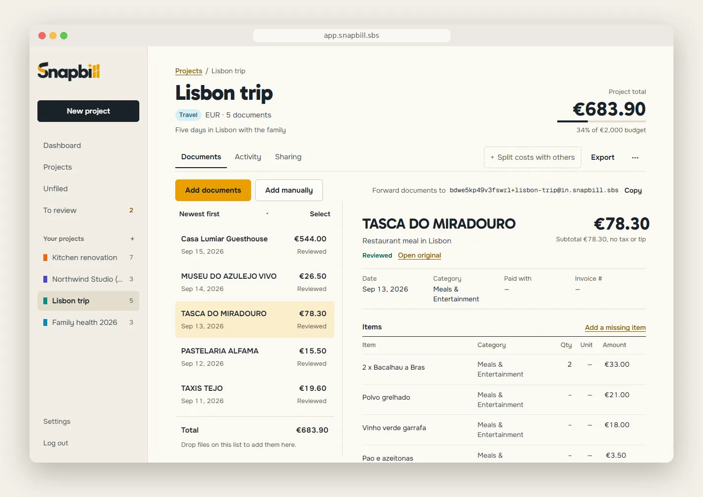 A Lisbon trip project totalling €683.90, 34% of a €2,000 budget, with a restaurant receipt in euros open.