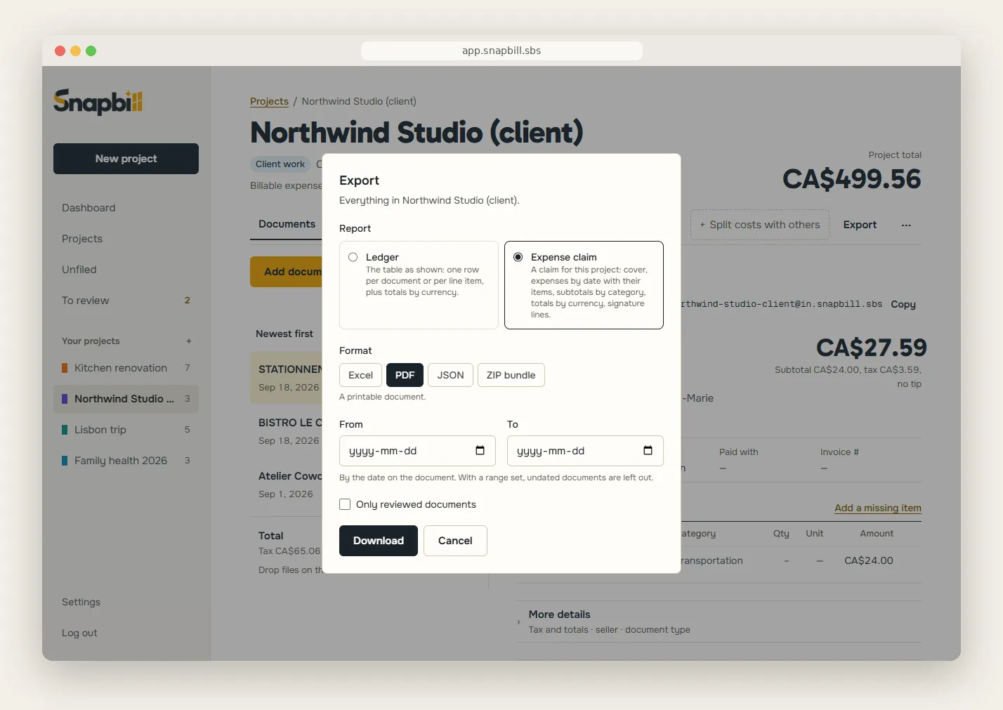 The Export window for a client project, with Expense claim chosen and Excel, PDF, JSON and ZIP bundle formats.