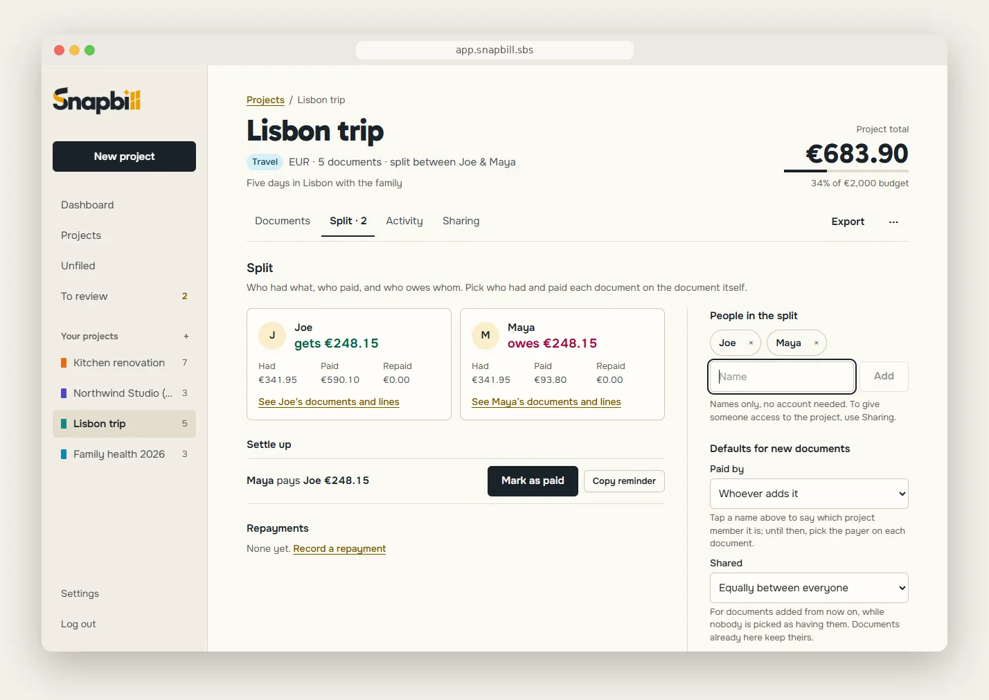 A Lisbon trip split between Joe and Maya: Joe gets €248.15, Maya owes €248.15, with a Mark as paid button.