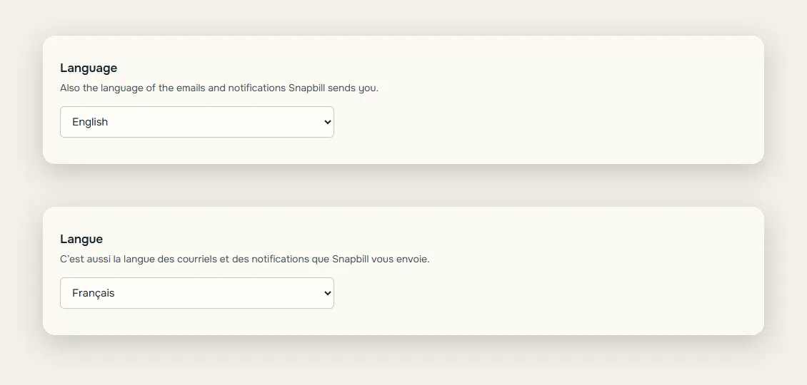 The Language setting set to English and the Langue setting set to Français, each noting that Snapbill’s emails and notifications use that language.