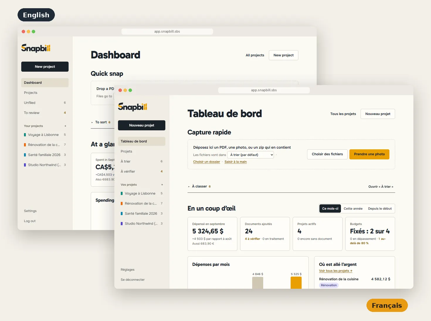 The same Snapbill dashboard in English and in French.