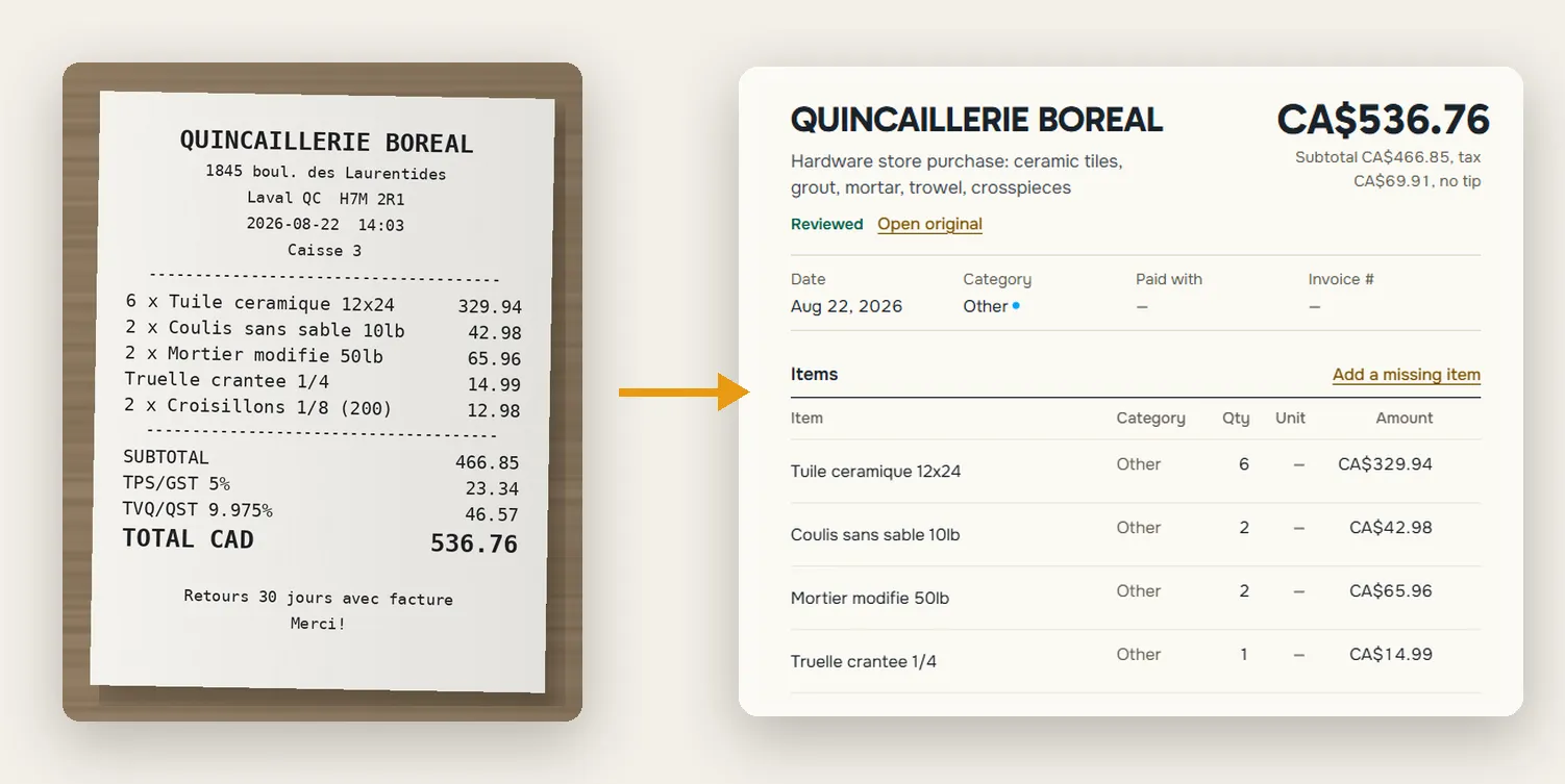 Snapbill turns a photo of a hardware store receipt into itemised rows with GST, QST and a CA$536.76 total.