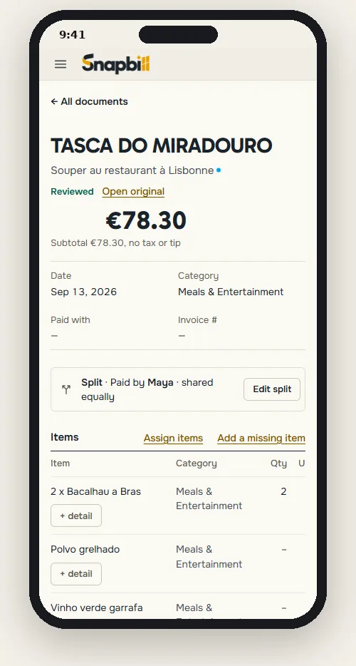 A Lisbon restaurant receipt in the English app: €78.30, dated Sep 13, 2026, split paid by Maya.
