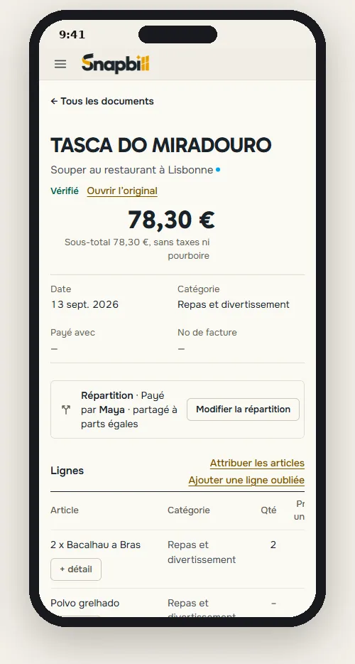 The same receipt in the French app: 78,30 €, dated 13 sept. 2026.